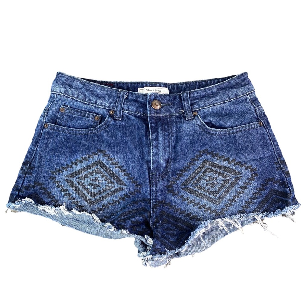 Adam Levine Collection Blue Denim Shorts with Black Aztec Motif